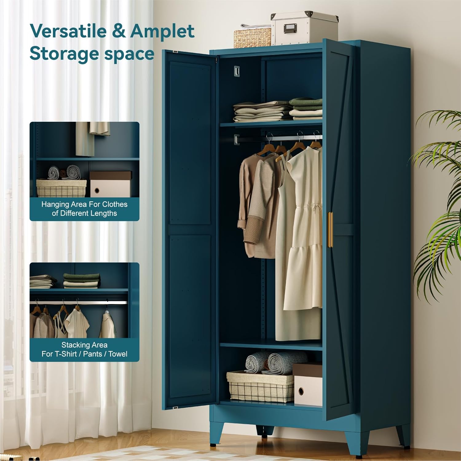 COFaR Metal Wardrobe Cabinet, 71" Farmhouse Storage Cabinet with Hanging Rod, 2 Barn Door, 2 Adjustable Shelves and Legs, for Bedroom, Laundry Room, Cloak Room, Gym, Office, School (Blue Green)