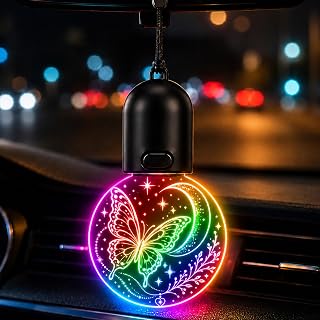 2D Flat Butterfly Moon LED Rearview Mirror Ornament, 7-Color Car Light | Acrylic Butterfly Moon Rearview Mirror Ornament, Adjustable LED Car Light, New Car Gift for Women and Nature Lovers