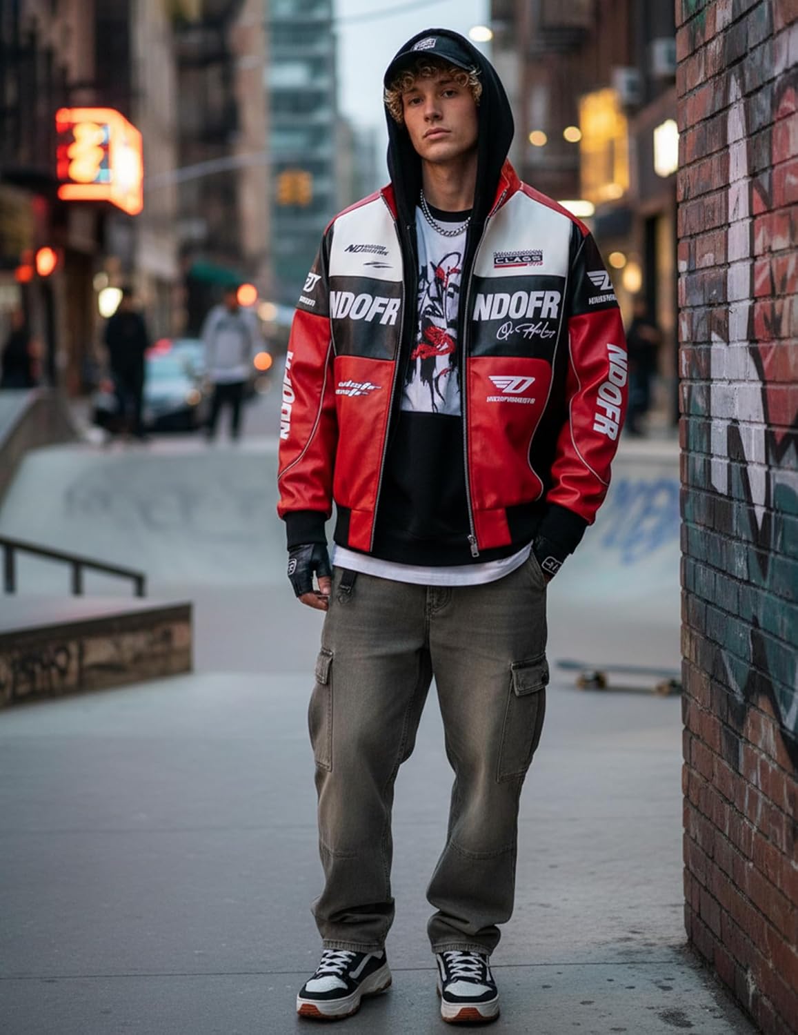 Vamtac Mens Bomber Jacket Oversized Faux Leather Jacket Y2k Vintage Racing Motorcycle Lightweight Coat Fall Winter - Image 2