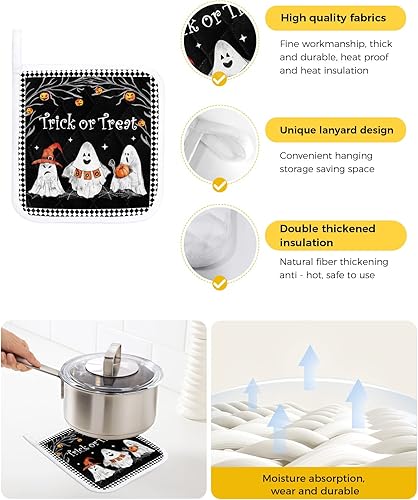 Miniatura 2 de Juego de 2 soportes para ollas de Halloween para cocina, platos de sartén para horno, tapete a prueba de calor con lazo para colgar, agarraderas de