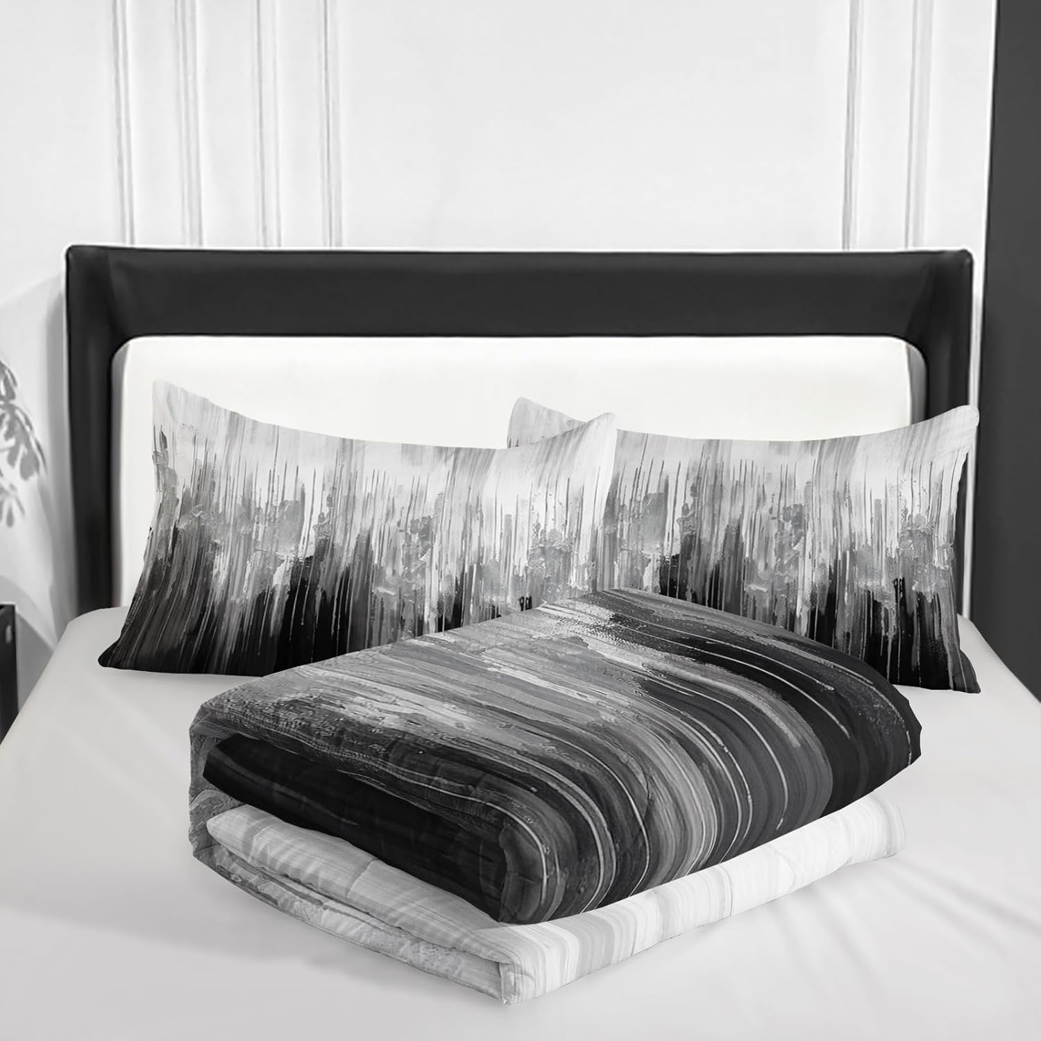 Grey Black White Gradient Print Comforter Set King Size,Abstract Art Bedding Set,Patchwork Printed Quilted Set for Teens Adult,with 1 Comforter and 2 Pillow Case - Image 4