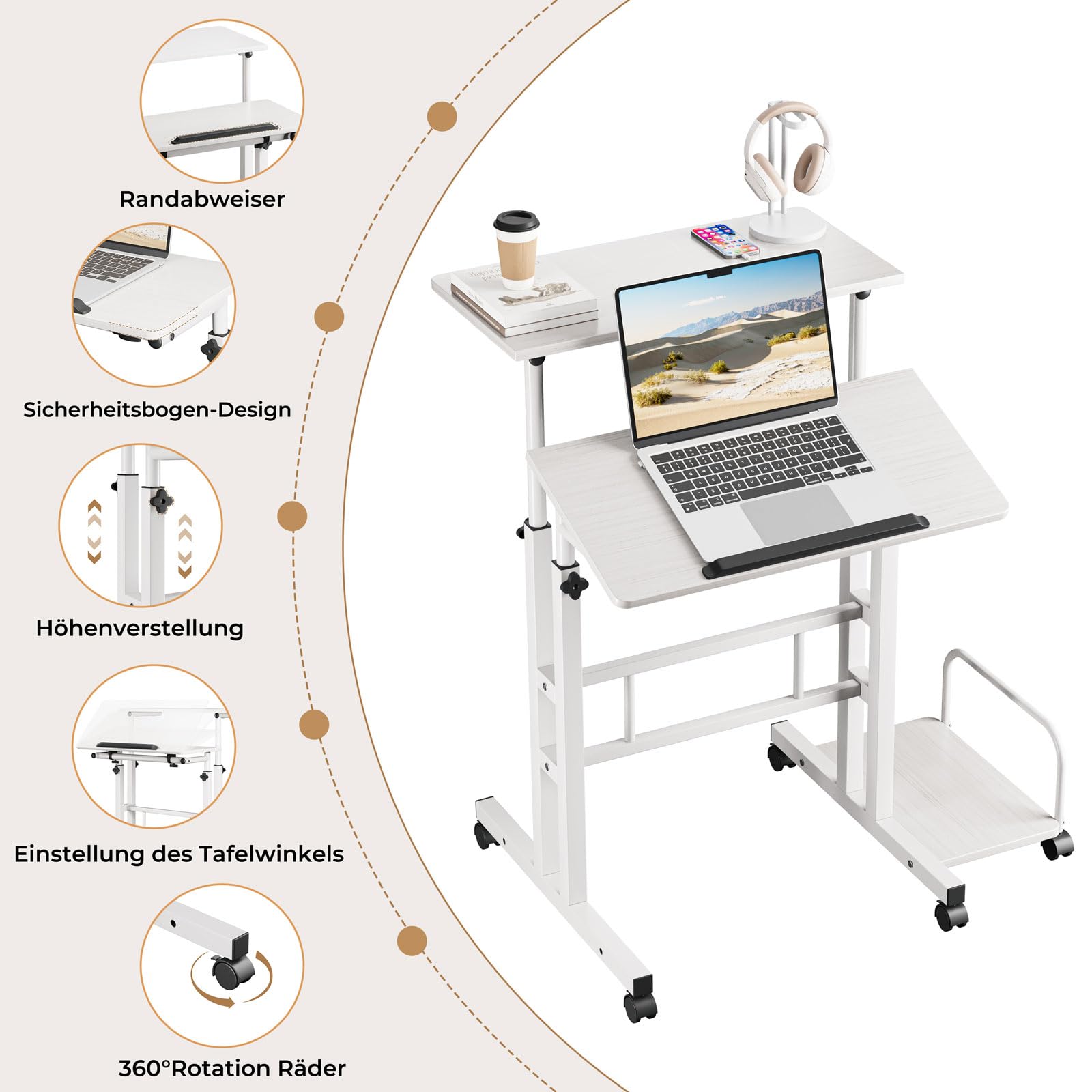 Dripex 60x60cm Stehpult Höhenverstellbar Schreibtisch, Mobiler Computertisch mit 4 Rollen, Steh-Sitz Tisch Laptoptisch neigbar Tischplatte, für Zuhause Büro,Weiß