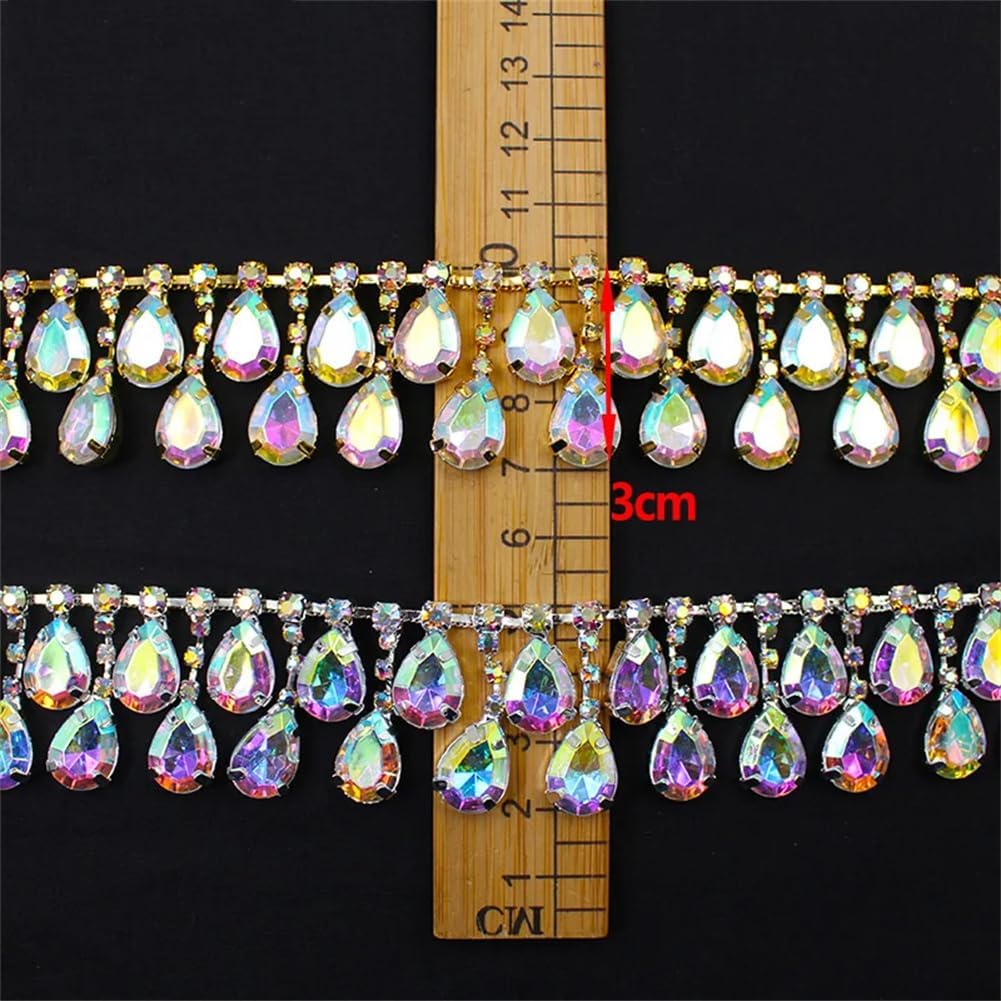 Generic 1/5Y AB Color Acrylic Crystal Water Drop Pendant Metal Chain Rhinestone Trim for Curtain Clothing AB Silver 5 Yards