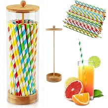 Clear Straw Holder Dispenser for Counter, Drinking Straw Organizer Container with Bamboo Lid Transparent Straws Storage Holder, Include 100 StrawsCOLORColorful Straws