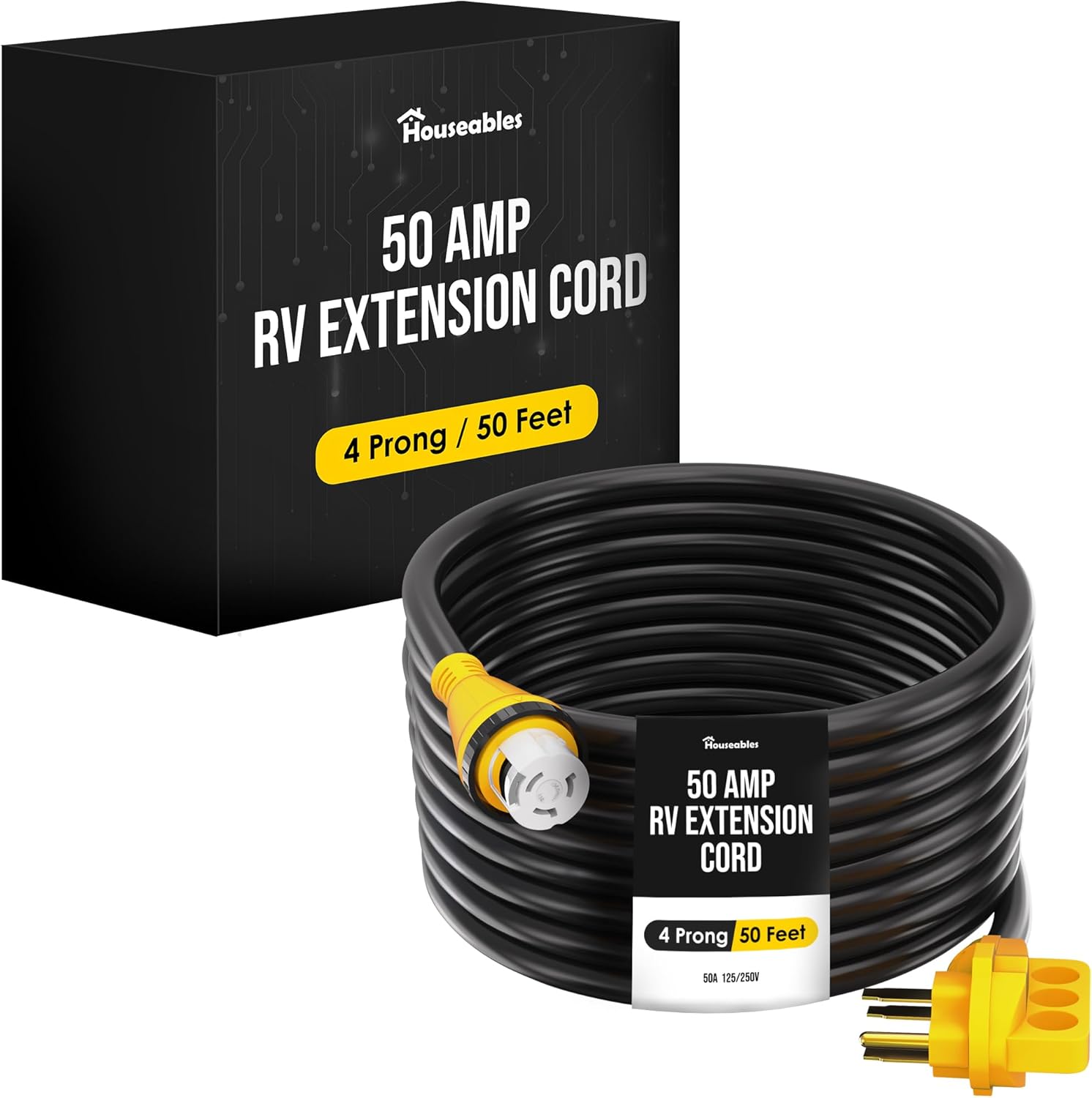 Houseables 50 Amp RV Extension Cord, 50 Amp Generator Cord, RV Cable, 50amp Generator Cable, 50a Shore Power, Twist & Lock, for Camper, 4 Prong, SS2-50R to 14-50P, STW, 125/250v, UL Listed, 50 Feet