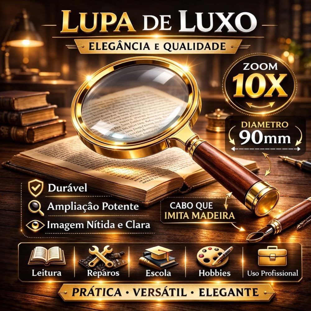 Lupa de Aumento Luxo - Lente de Aumento 90mm - Zoom 10x - Para Leitura, Escola, Relojoaria, Reparos - Lupa Dourada e Cabo que Imita Madeira - Material Profissional Premium Lupa de Aumento Luxo - Lente de Aumento 90mm - Zoom 10x - Para Leitura, Escola, Relojoaria, Reparos - Lupa Dourada e Cabo que Imita Madeira - Material Profissional Premium