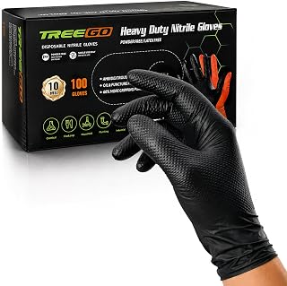 TREEGO 10 Mil Heavy Duty Black Nitrile Mechanic Gloves, 100 Count L | Diamond Grip Rubber Gloves, Latex & Powder Free for Industrial Maintenance, Equipment Repair & Daily Professional Use