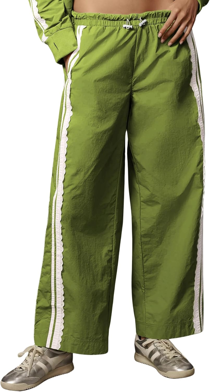 MINSURE Women Baggy Track Pants Lace Side Stripe Drawstring Elastic Waist Wide Leg Parachute Pants with Pockets