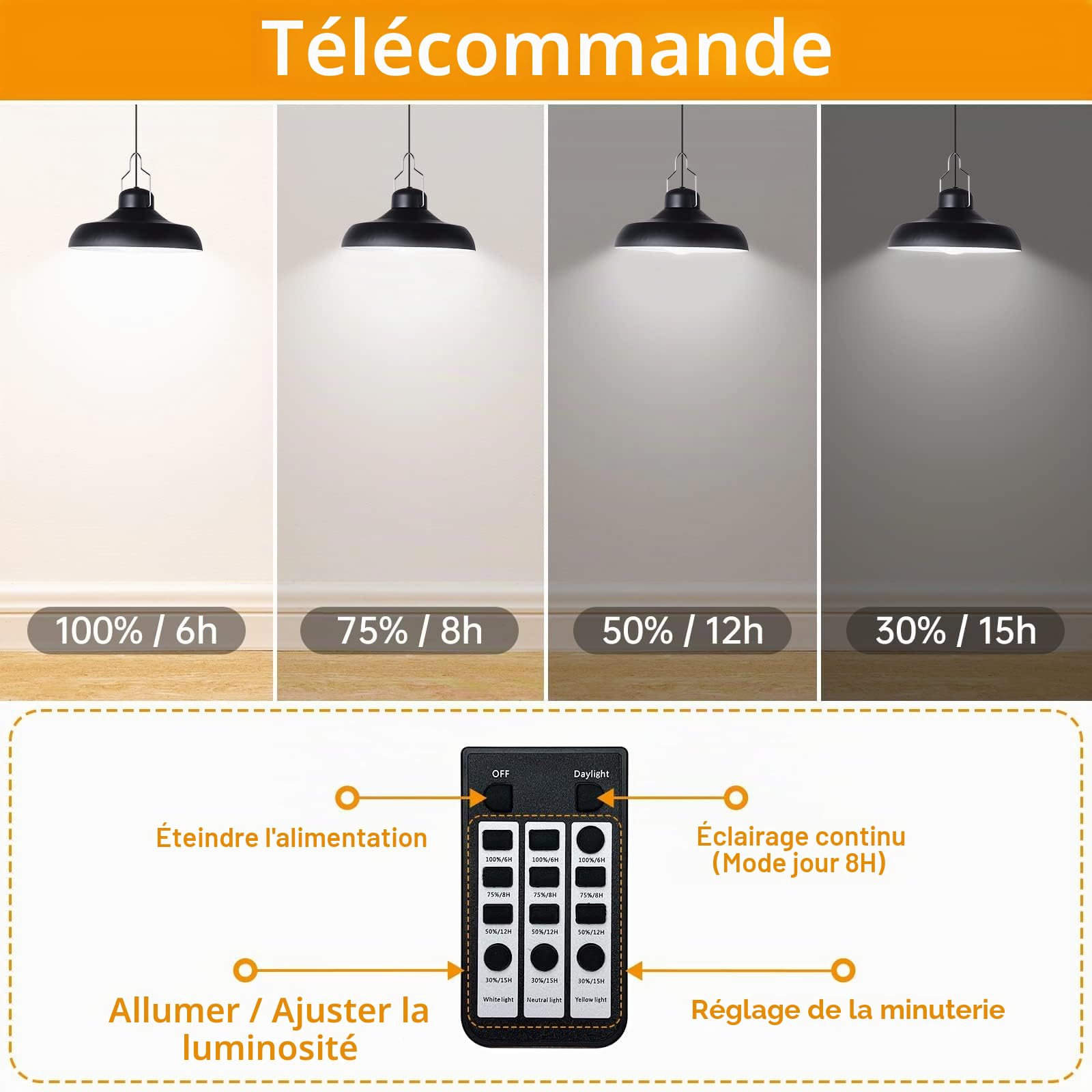 Luminaire Solaire Suspendue pour Intérieur et Extérieur, Réglable, avec Télécommande, 2800K, 4500K, 6500K, Étanche, pour Grange, Remise, Pavillon, Terrasse, Jardin, Maison