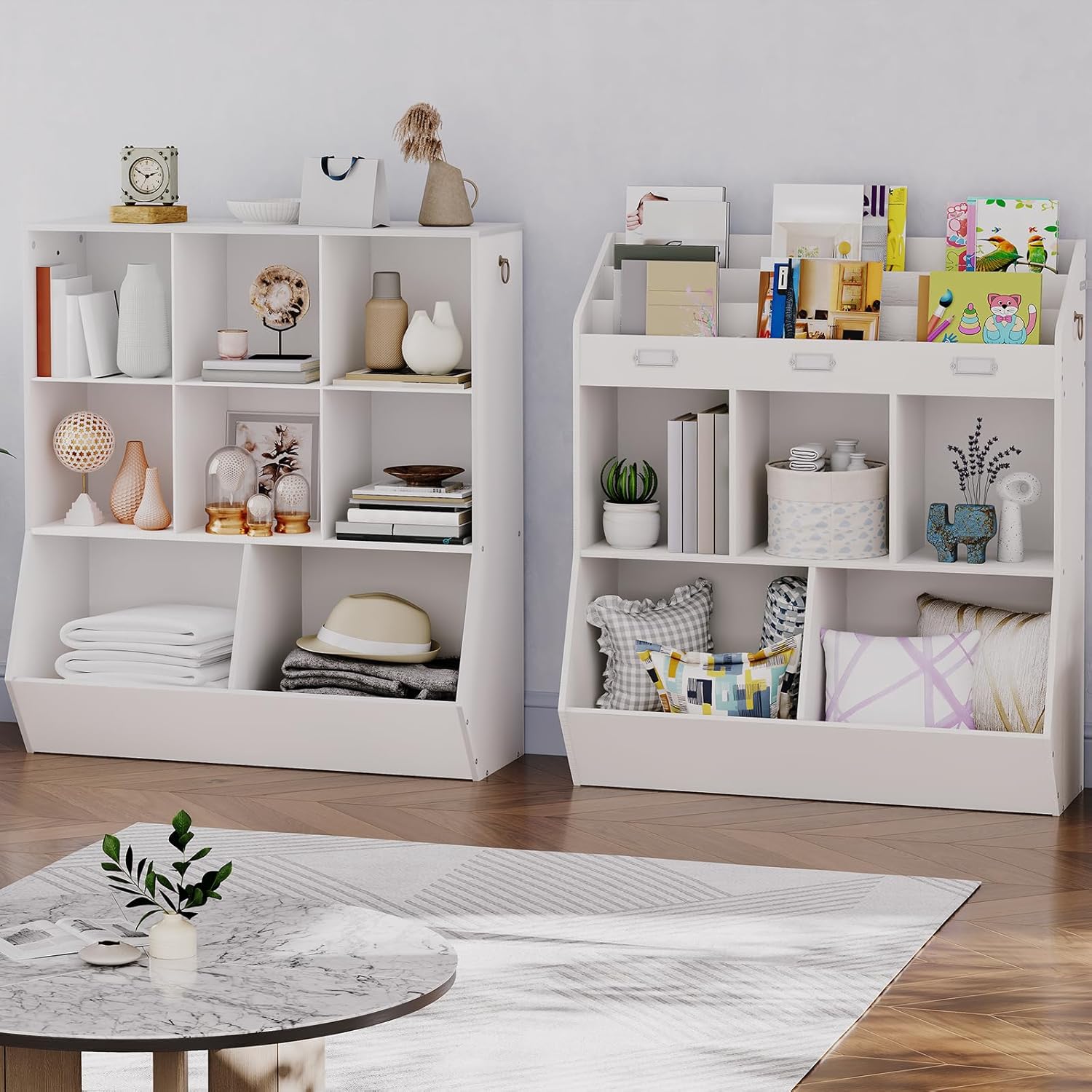 HOOBRO Kids Bookshelf and Wooden Book Shelf Bundle, Kids Toy Organizer, 8 Cubicles, Bookcase Footboard, Bookshelf for Kids, for Playroom, Bedroom, Nursery, School WT35CW01G1-WN20CW01