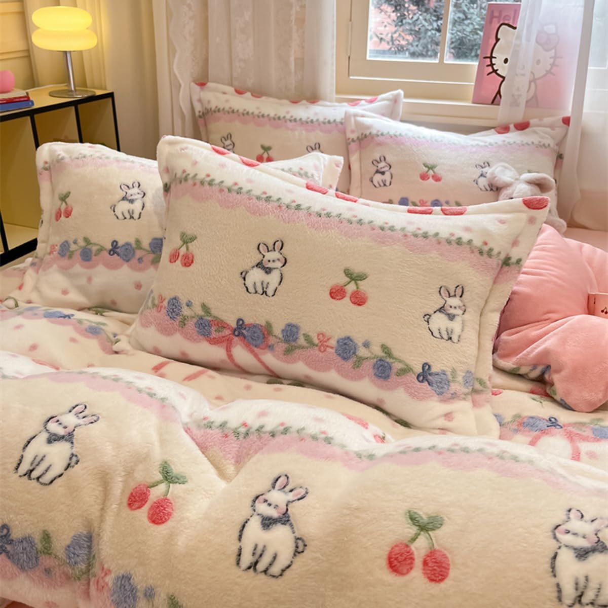 3Pcs Bedding Sets, Pink Cherry Rabbit Duvet Cover Queen, Aesthetic Comforter Covers Full Size, Ultra Fluffy Blanket Cute Kawaii Bed Set for Toddler Teen Kids Girls Women Cottage Core Decor