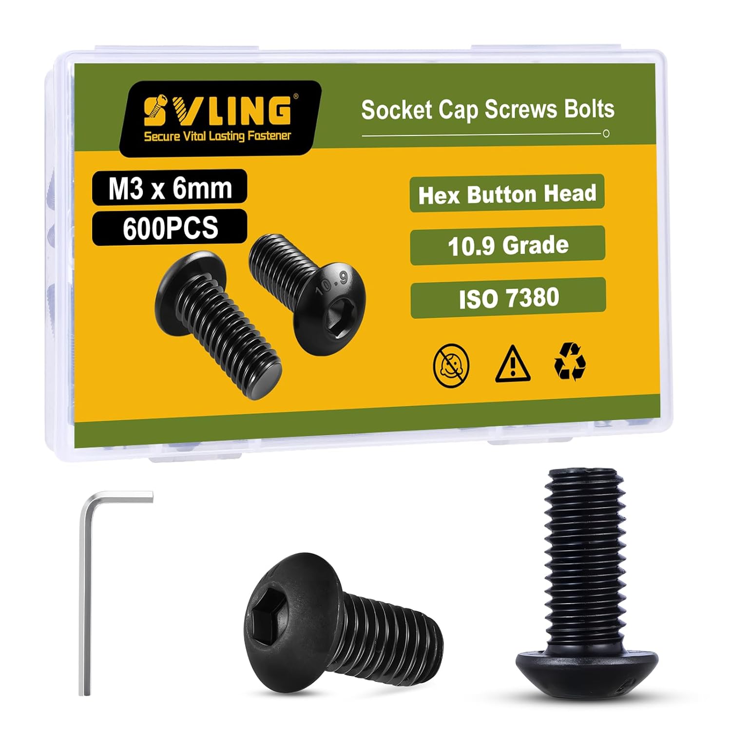 M3 x 6mm 600PCS Button Head Hex Socket Cap Screws Bolts, 10.9 Grade Alloy Steel, Allen Hex Drive, Full Thread, Black Oxide, with Hex Spanner