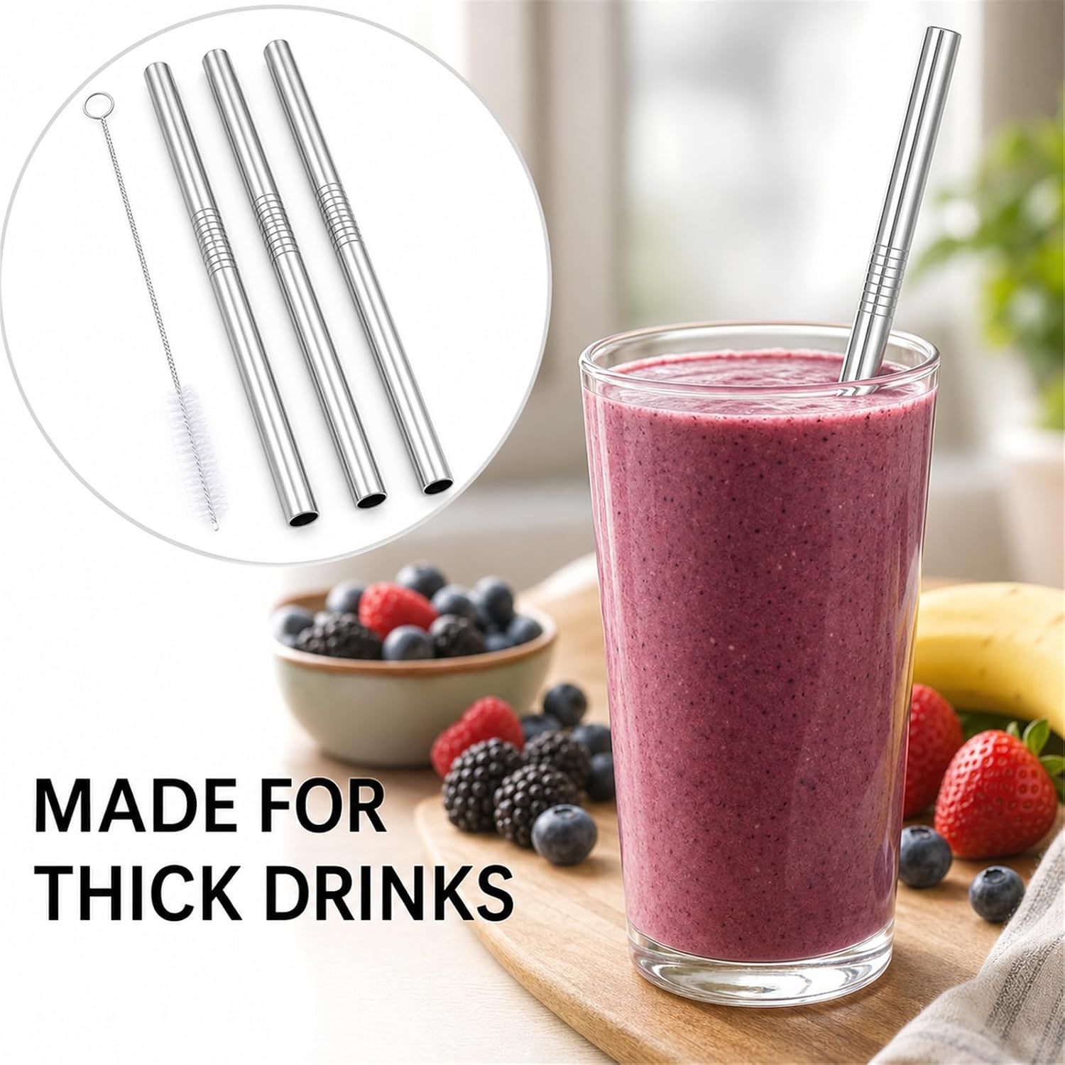 4Pcs Stainless Steel Smoothie Straws 9.5 Inch with Cleaning Brush