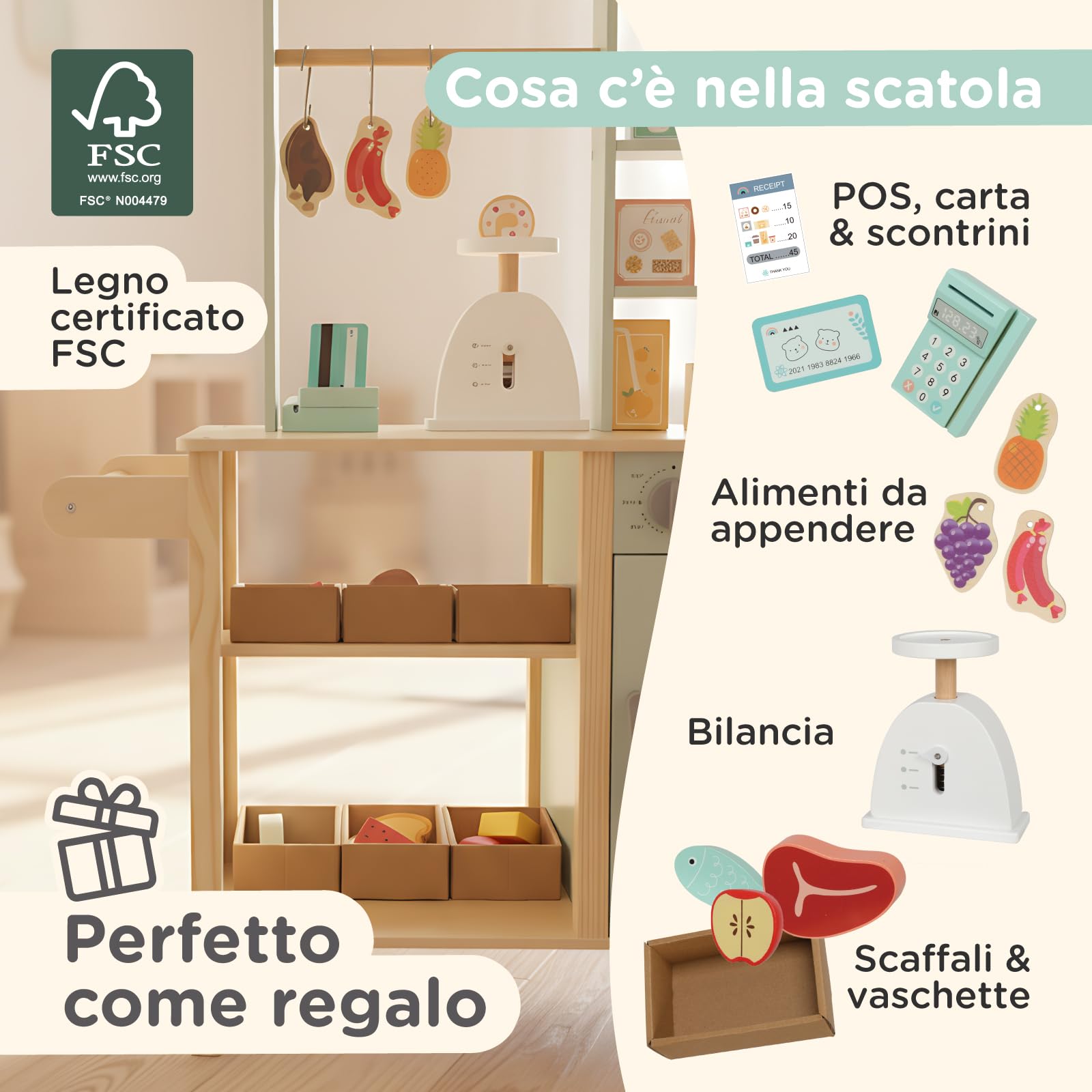 Nene Toys Negozio in Legno per Bambini – Bancarella/Stand Mercato Tutto-in-Uno con Registratore di Cassa, Bilancia, Lavagna, Asta Appendino – Lato Cucina con Forno – Giocattolo Educativo 3–7 Anni