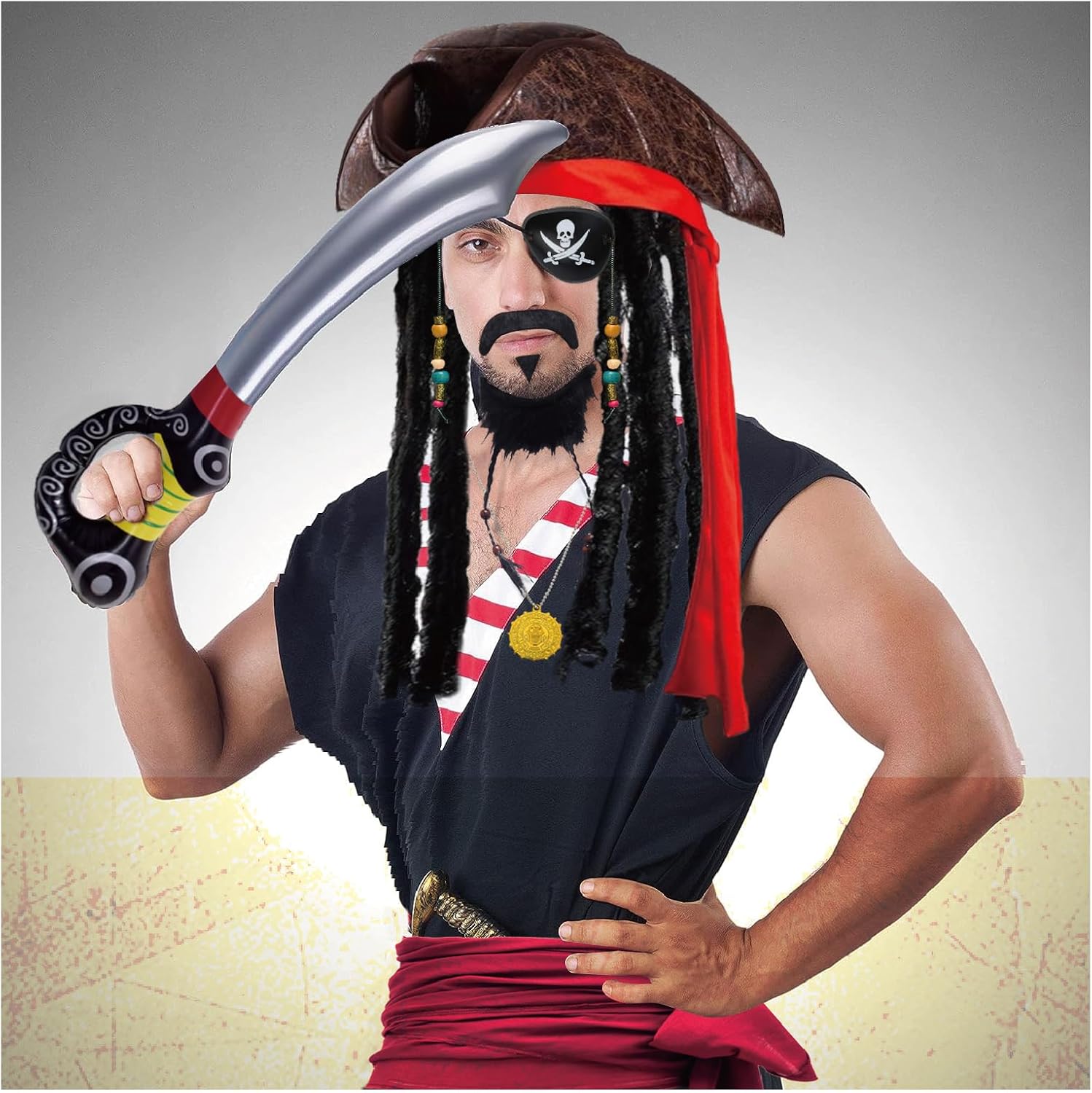 Pirate Costume - Adult Pirate Accessories: Hat, Sash, Eye Patch, Skull Necklace, Sword