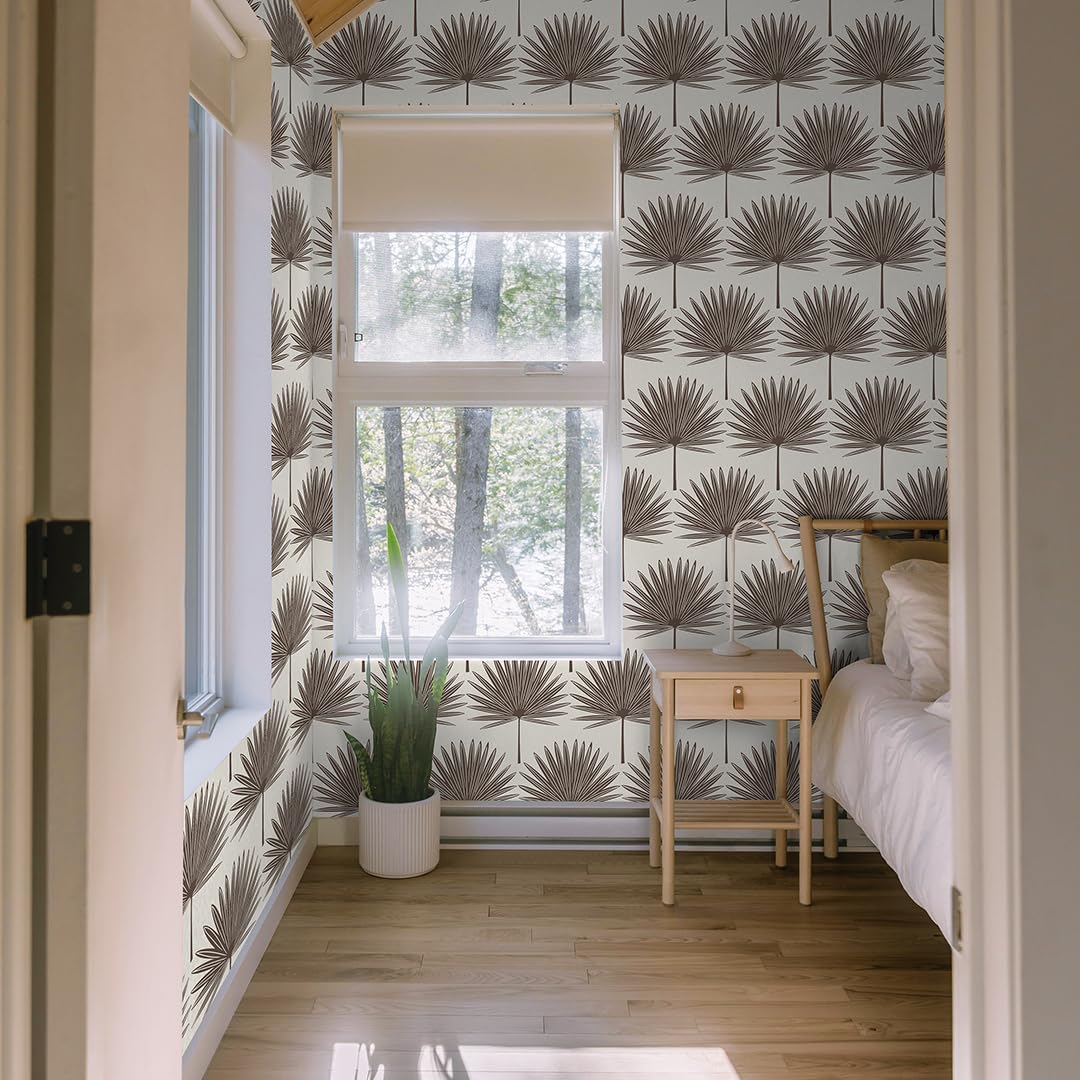Tempaper Dark Cocoa & Cream Stamped Palm Removable Peel and Stick Boho Wallpaper, 20.5 in X 16.5 ft, Made in The USA