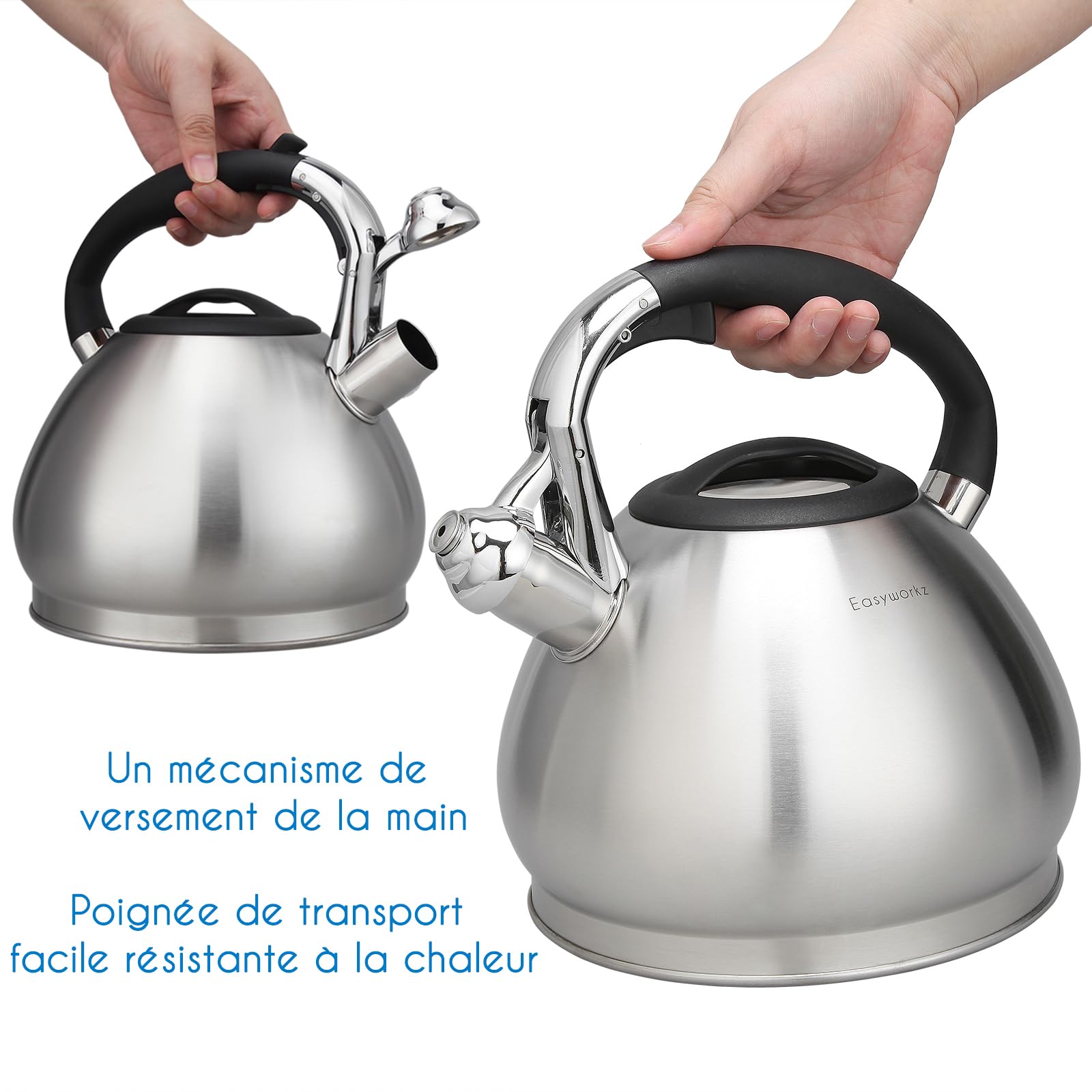 Easyworkz Bouilloire sifflante en acier inoxydable de qualité alimentaire avec sifflet puissant, 3,0l, argenté