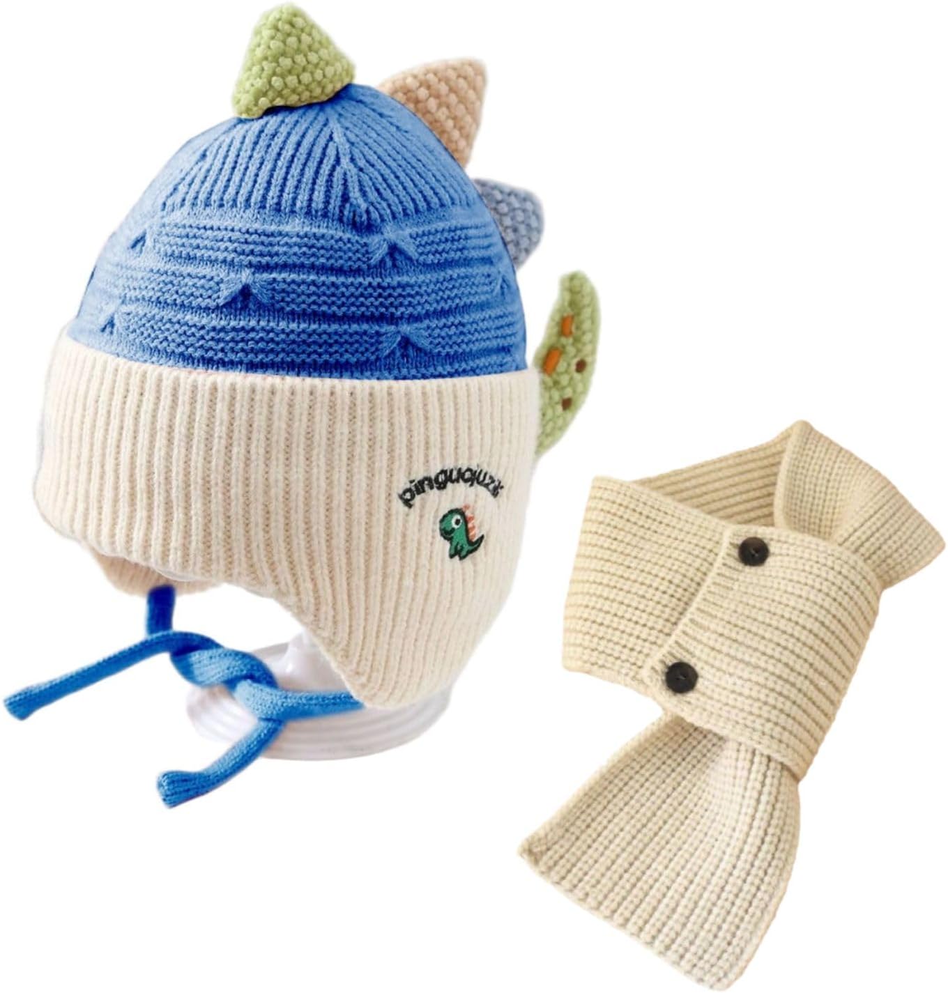 Dinosaur Pattern Hat and Scarf Set - 2 Pieces, Winter Knit Cap with Plush Lining, Cold Weather Outdoor Wear Holiday Present