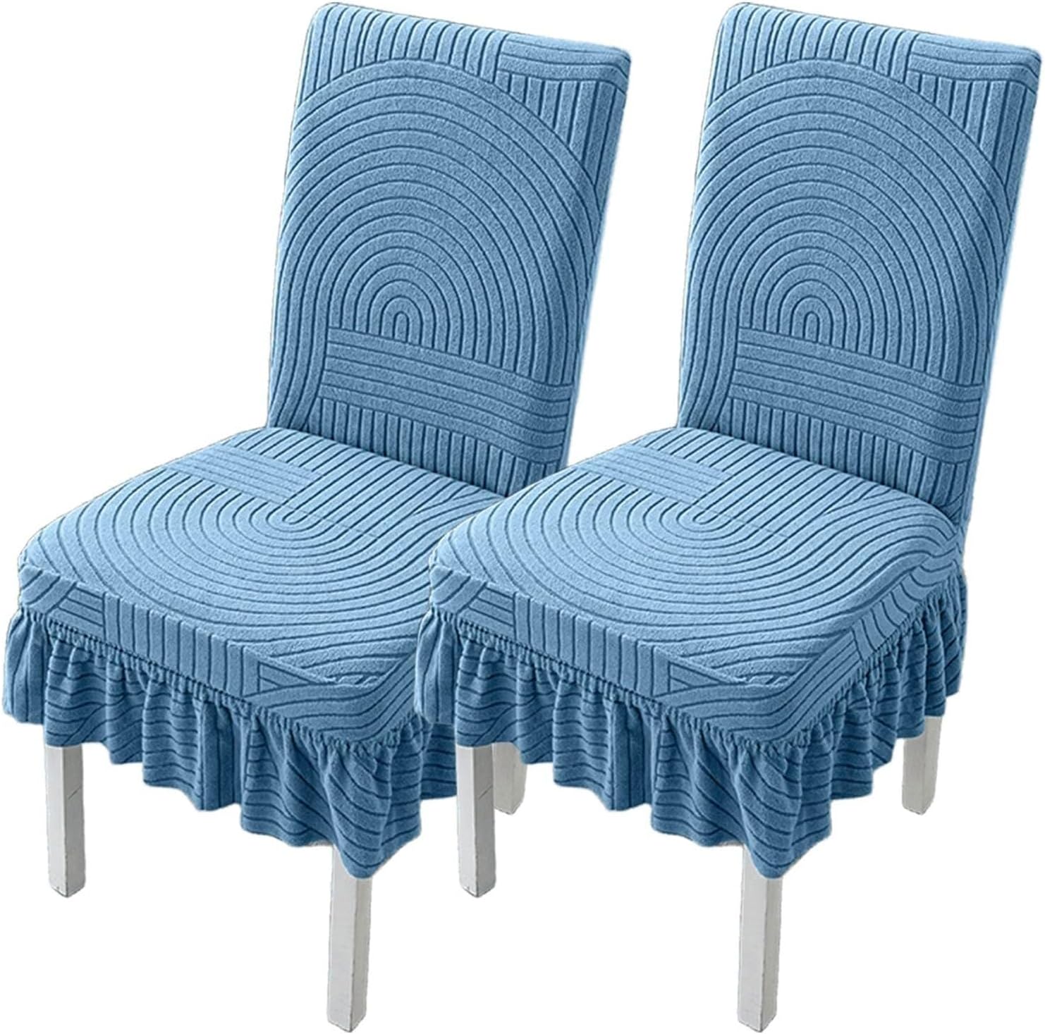 Stretch Jacquard Dining Chair Covers with Ruffle Skirt 2/4/6 PCS Bohemian Style Parsons Chair Covers Easy Fit Washable Kitchen Chair Protectors for Hotel Wedding Banquet(Lake Blue,2 Set)
