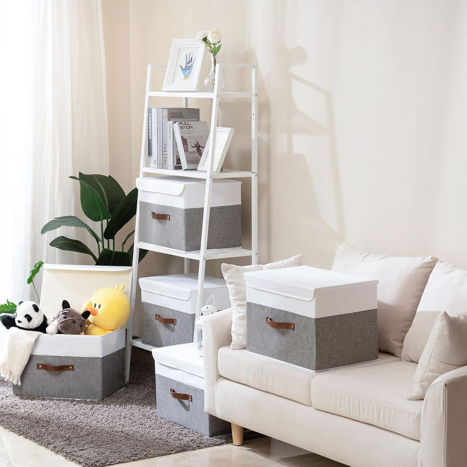 Yawinhe Collapsible Storage Boxes 3 Pack, Linen Fabric Storage Baskets Washable, with Lids and Leather Handle, for Home Bedroom Closet Office, (White/Grey, 15.0x9.8x9.8in), USNK024WGL-3