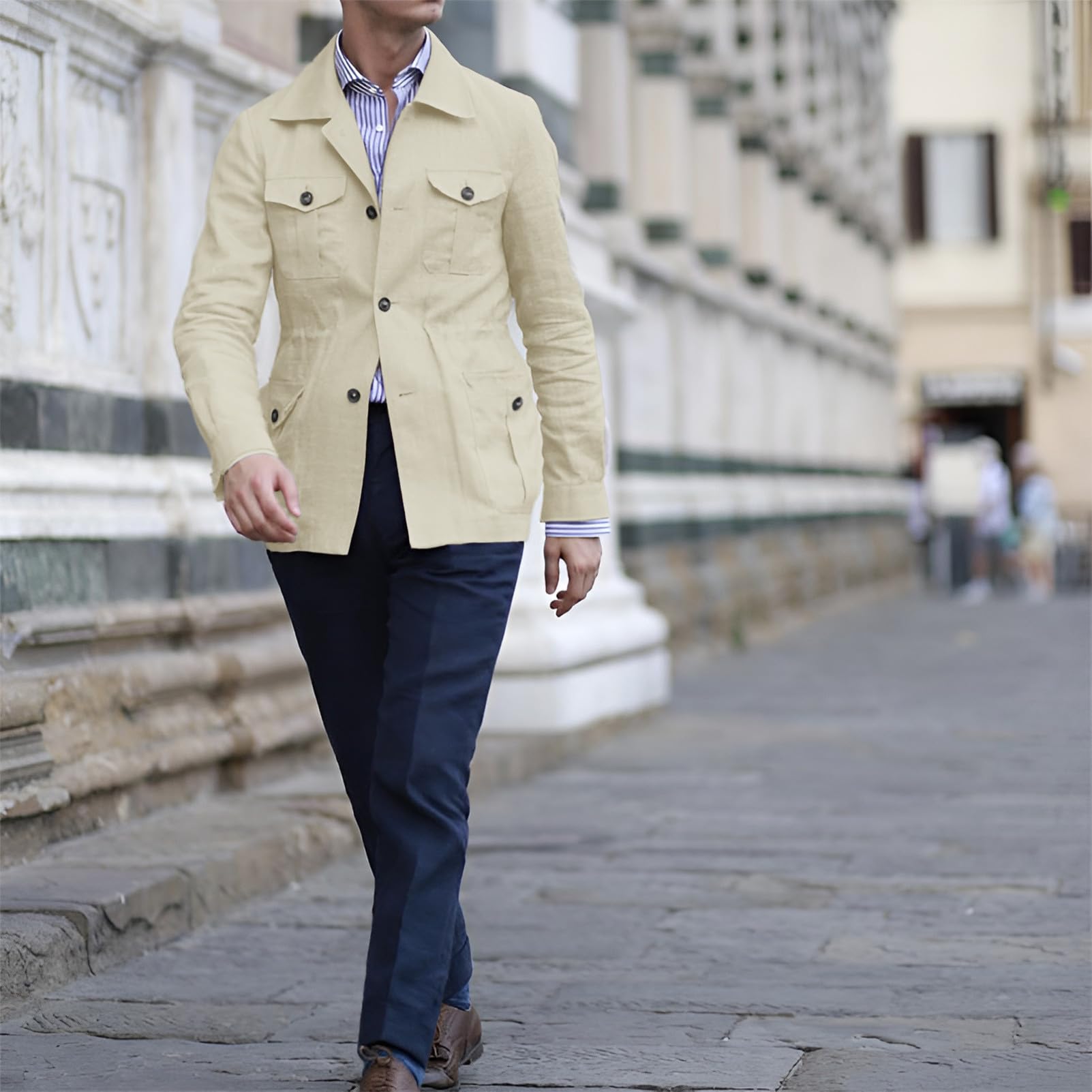 Giacca di Lino Leggera da Uomo Bottoni Traspirante Casual Blazer Cappotto con Tasche