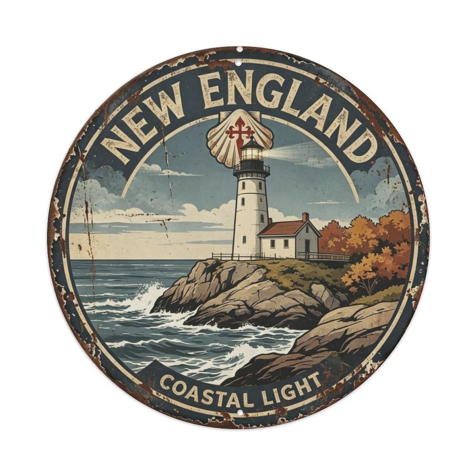 New England Coastal Light Metal Tin Sign Plaque