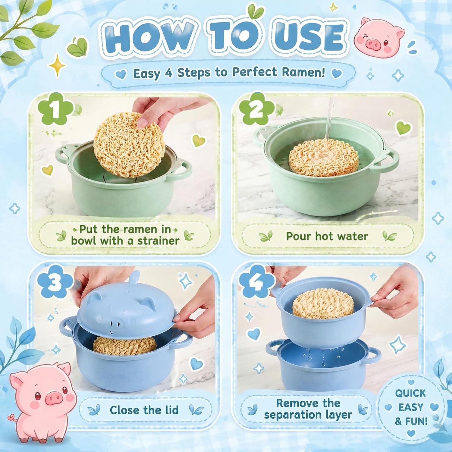2 Sets 45oz Cute Pig Ramen Bowl Set Microwavable Nordic Blue, Green image 4