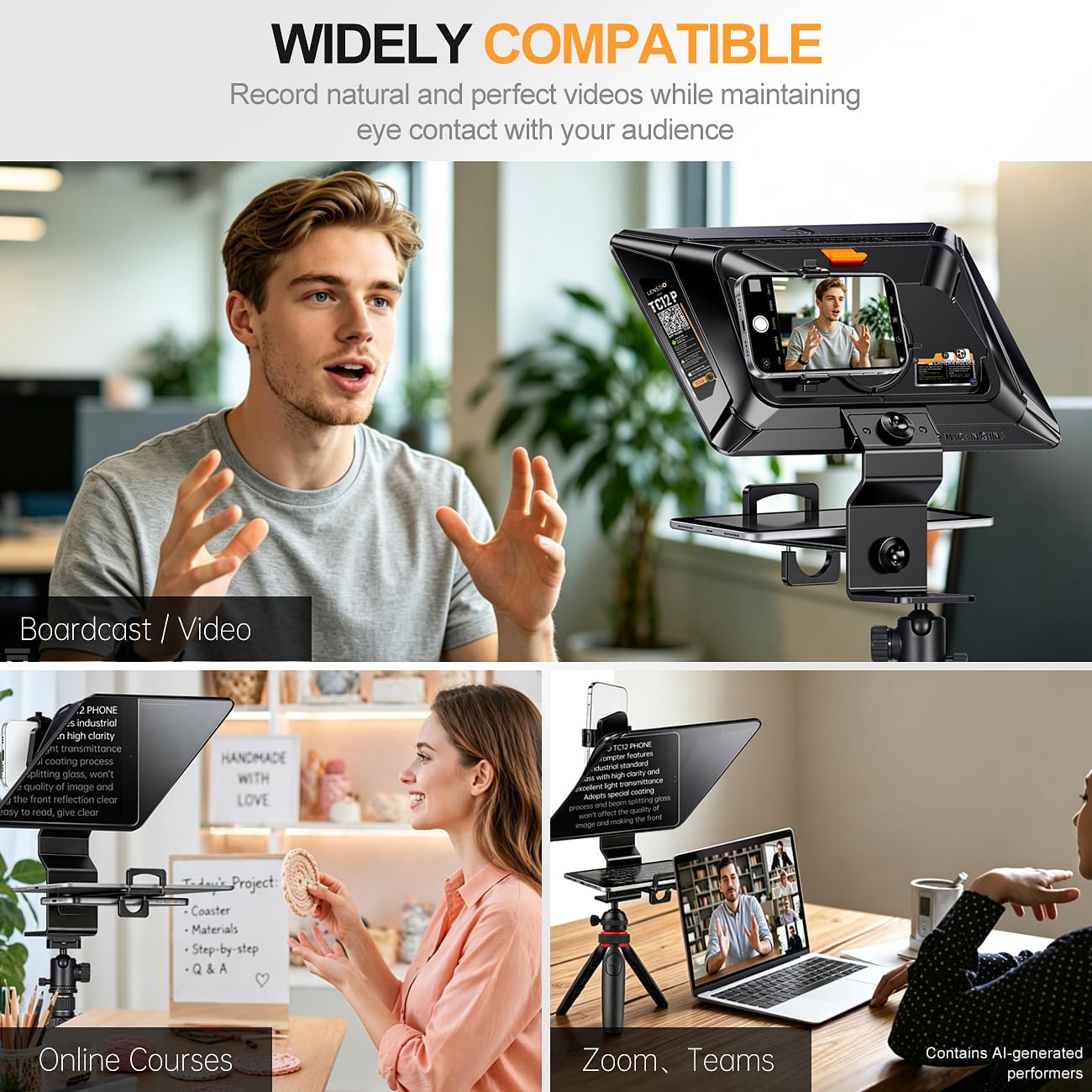 LENSGO TC12P Teleprompter für Smartphone, 11,98 Zoll HD Weitwinkel unterstützt iPad/Tablet bis zu 18,5 cm - Beam Splitter Glas mit Bluetooth Fernbedienung - Weitwinkel Unterstützung für YouTube
