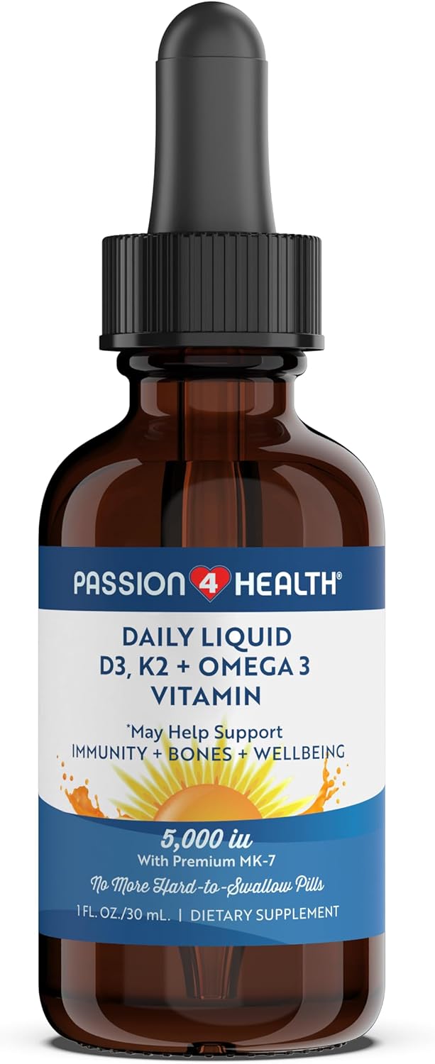 Passion 4 Health Organic Liquid Vitamin D3 K2 (Mk-7) + Omega 3 Supplement – Liquid Vitamin D Drops (5000IU) – Support for Healthy Bones and Muscles