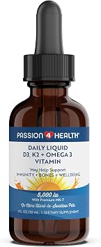 Passion 4 Health Organic Liquid Vitamin D3 K2 Mk-7 + Omega 3 Supplement - Liquid Vitamin D Drops 5000IU - Support for Healthy Bones and Muscles