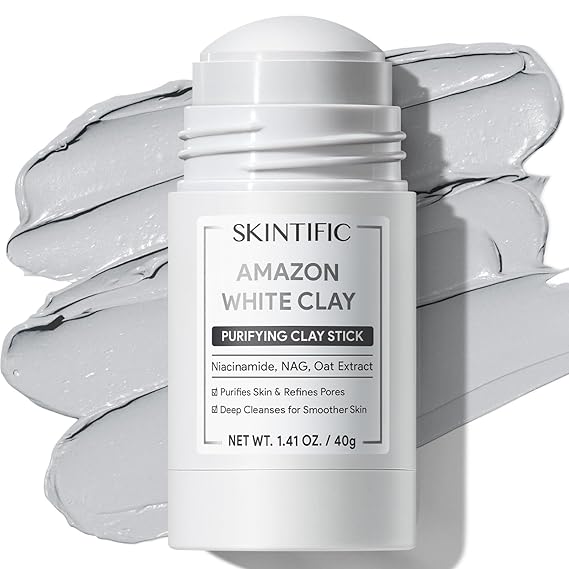 SKINTIFIC Amazonian White Clay Purifying Stick, Deep Clean Pores Mud Mask with Volcanic Soil, Pore Minimizer, Gentle Exfoliating, Refines Pores, Smoothing Skin, Non-Drying, Skincare Facial Mask