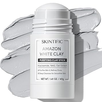 SKINTIFIC Amazonian White Clay Purifying Stick, Deep Clean Pores Mud Mask with Volcanic Soil, Pore Minimizer, Gentle Exfoliating, Refines Pores, Smoothing Skin, Non-Drying, Skincare Facial Mask