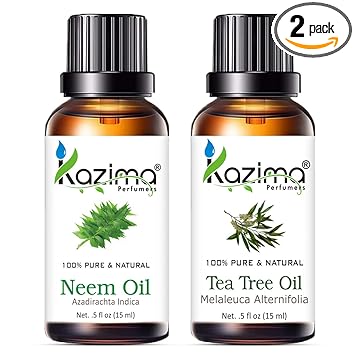 KAZIMA Combo of Neem Oil and Tea Tree Oil - 100% Pure & Undiluted Oil for Acne, Scars, Skin Moisturizing & Dandruff Control, 15 ml each