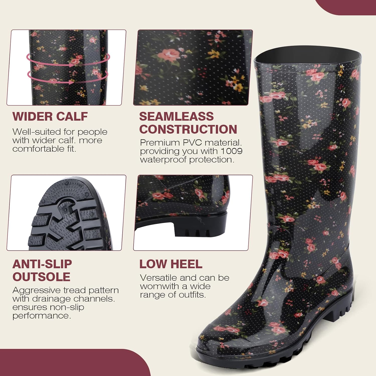DaeRainy Tall Rain Boots for Women, Knee High Waterproof Slip On Garden Boots