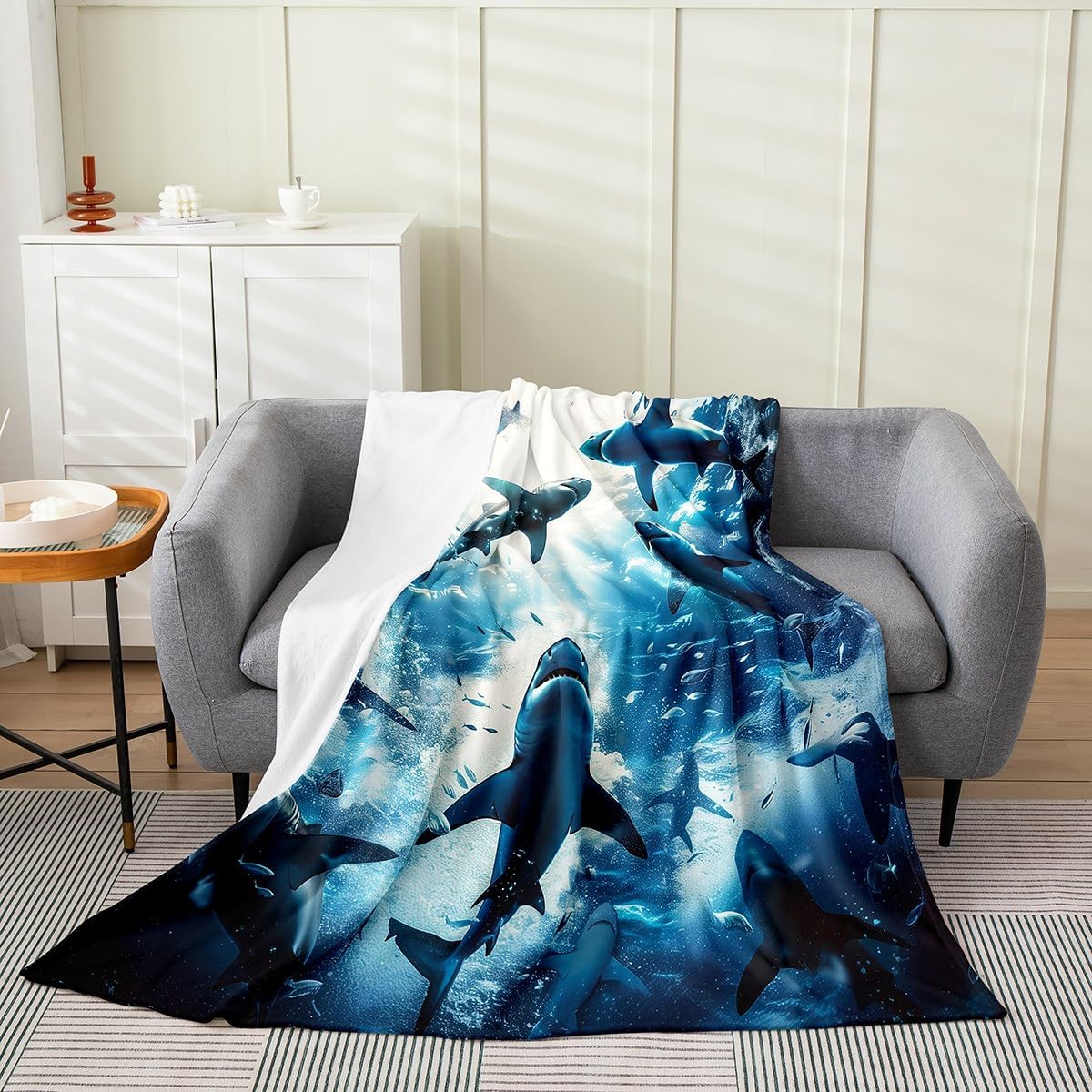 Erosebridal Shark Fleece Blanket Queen 90x90,3D Shark Flannel Blanket,Underwater Sea Animals Fuzzy Plush Throw Summer Ocean Theme Blankets for Kids Boys Girls,Deep Sea Landscape Bedroom Decor
