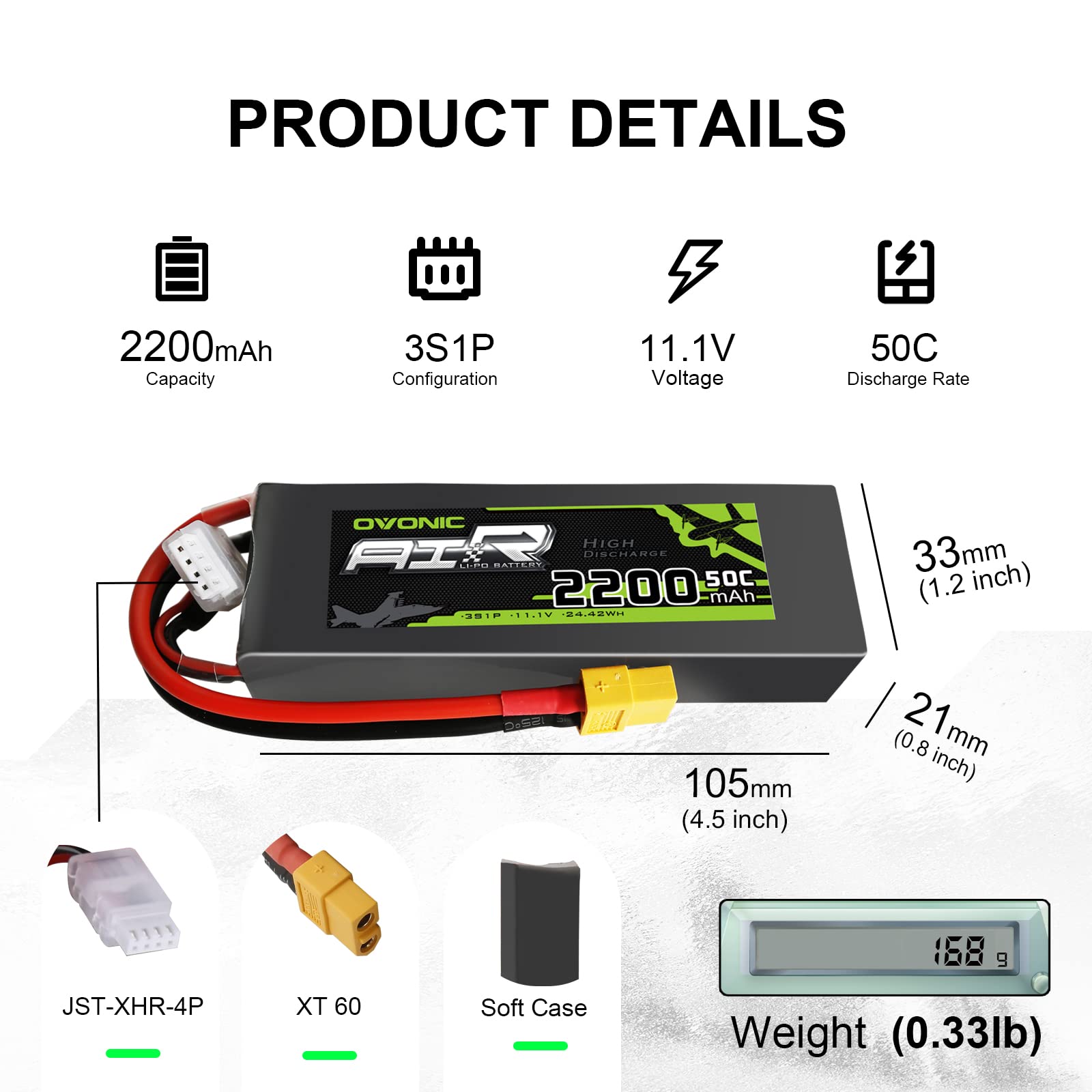 OVONIC Lipo RC Akku 11.1V 2200mAh 50C 3S mit XT60 für RC Evader BX Auto RC Truck RC Truggy RC Flugzeug UAV Drohne FPV（2 Packs ）