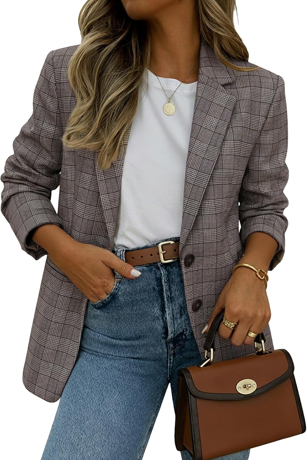 Mina Self 2026 Spring Women's Plaid Houndstooth Blazer Jacket - Fully-Lined Fashion Loose Work Office Suit with Pockets