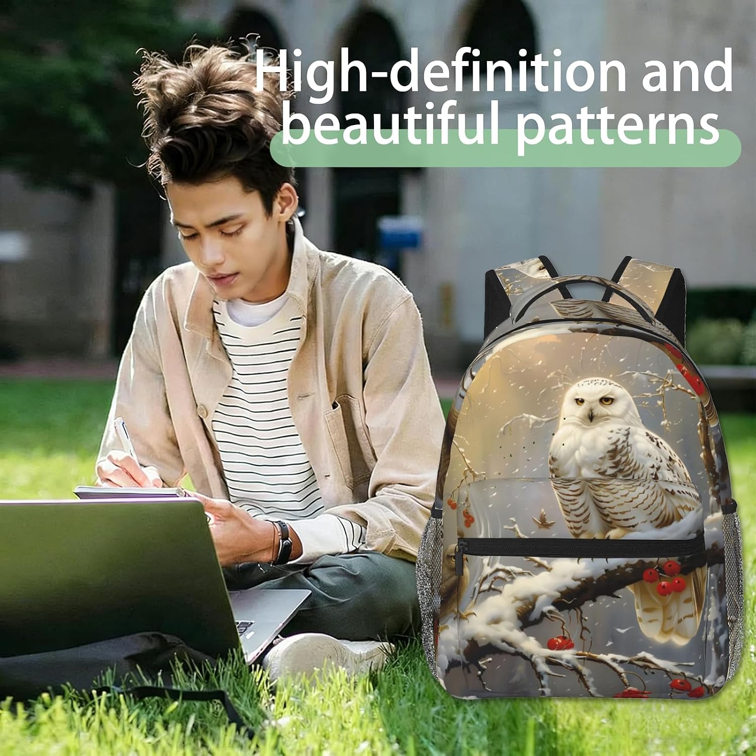 Elegant Winter Owl Backpack, Polyester Backpacks with Straps, 11.4inx5.9inx15.7in, Multi-Pocket Storage Bookbag, Ideal For School Work Travel Hiking Camping, Girls Women Nature Lovers Gifts