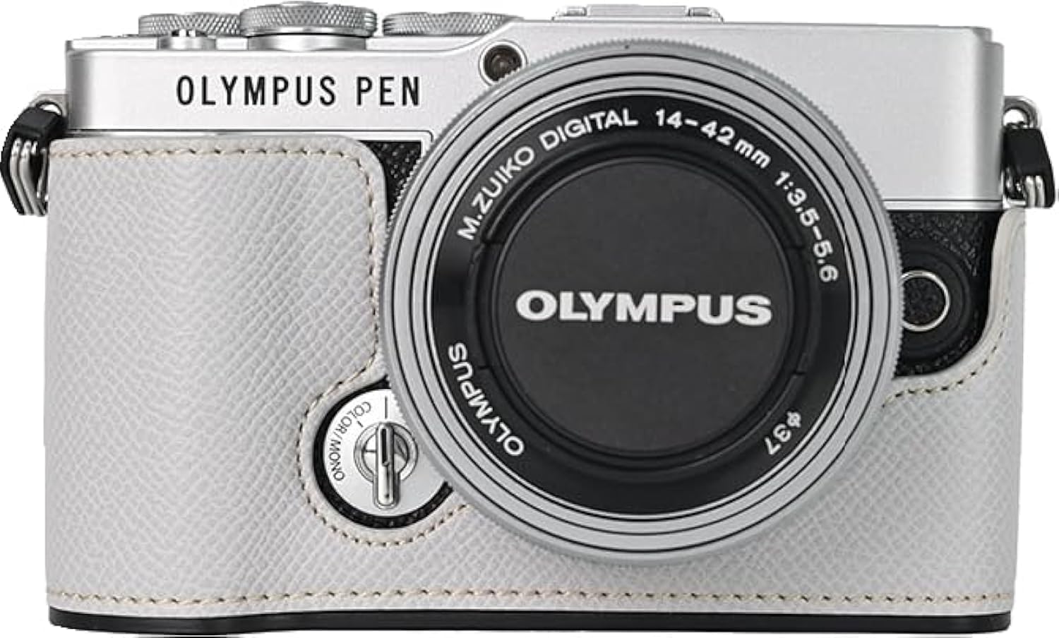 E-P7 Case, Handmade PU Leather Half Camera Case Bag Cover Bottom Opening Version for Olympus PEN E-P7 With Hand Strap (White)