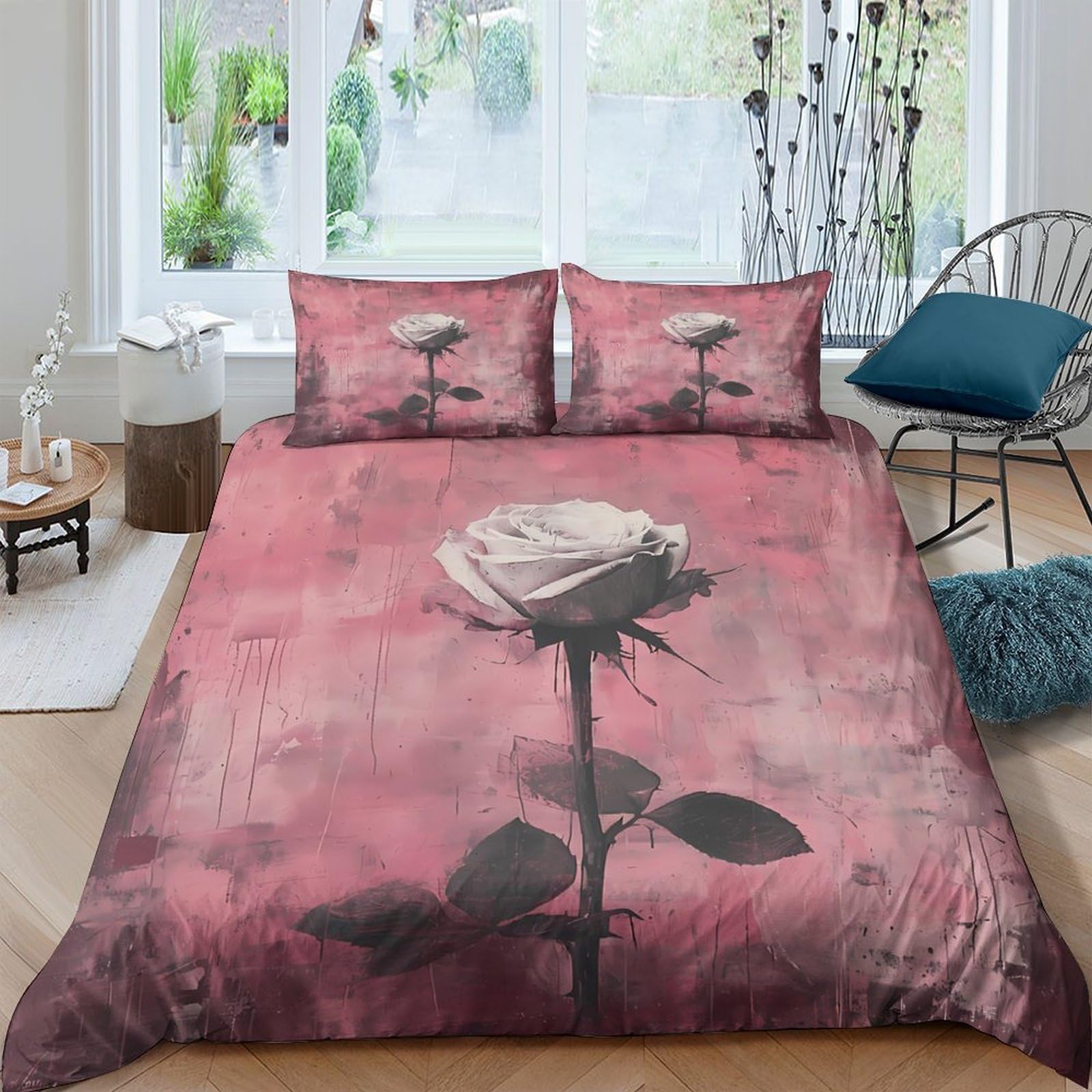 P5V6M1Q9 3D Printed Pink Rose Duvet Cover Microfiber Soft Breathable Floral Bedding Set with 2 Pillowcases for Bedroom Decor Single（135x200cm）