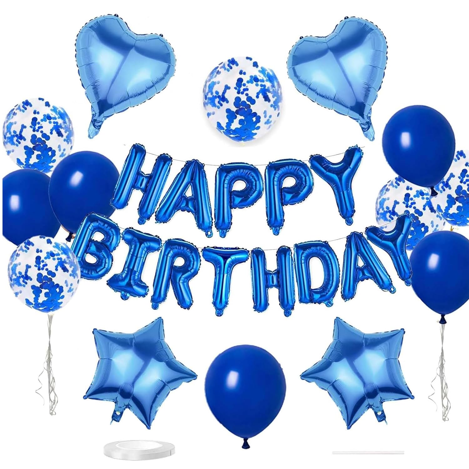 15pcs Happy Birthday Banner 32 Inch Mylar Foil Letters with Heart Star Balloons Birthday Party Decorations (Royal Blue)