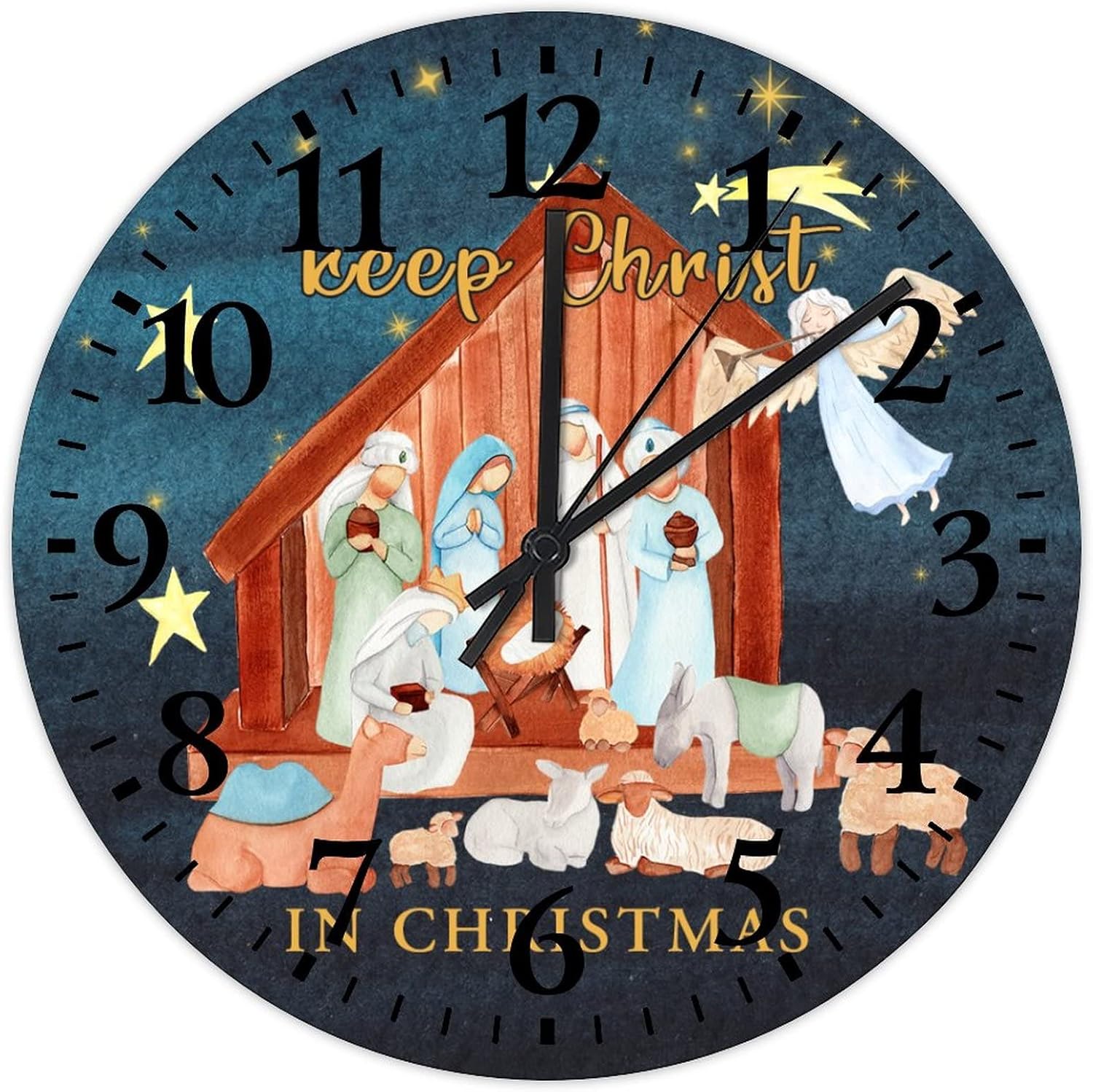 Birth of Jesus Wall Clock 15 Inch, As A Gifts for Kids Rustic Wooden Art Hanging Clock Battery Operated Silent Noiseless Round Arabic Numbers Clock for Home Office