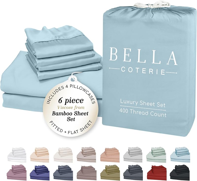Bella Coterie 6 Piece Luxury Bamboo Viscose King Sheet Set | Organically Grown | Cooling | Ultra Soft & Breathable | 18" Deep Pocket w/ Corner Straps | 4 Pillowcases [Coastal Blue]