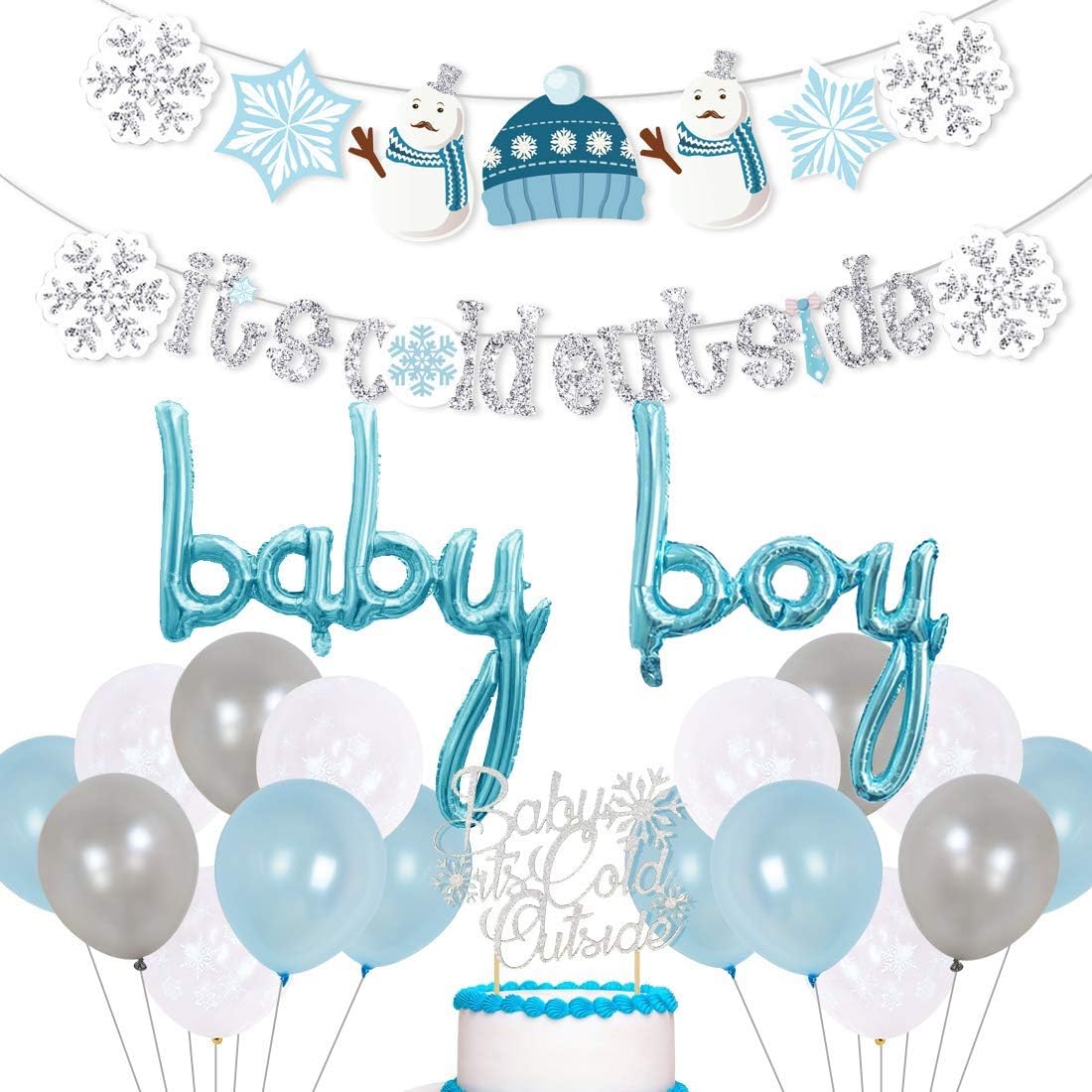 Winter Baby Shower Decorations Baby Its Cold Outside Banner Snowflake Cake Toppers for Winder Wonderland Baby Shower Birthday Party Supplies Blue