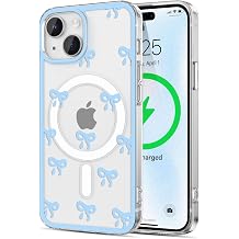 EYZUTAK Magnetic Case for iPhone 13/iPhone 14, Compatible with MagSafe, Clear Cute Ribbon Bowknot Aesthetic Bow Phone Case Stylish Slim Anti-Yellowing Durable PC Protective Cover for Women- Blue