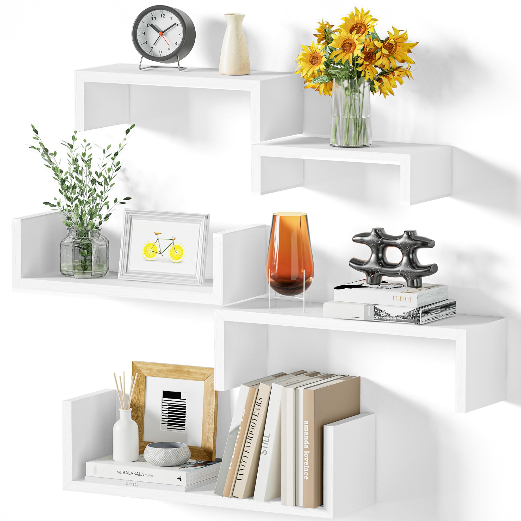 SRIWATANA Estante de Pared, Negro, 5 Unidades, Estante Flotante, Moderno, decoración, Estante de Pared para salón, baño, Dormitorio, Oficina, Cocina (Blanco)