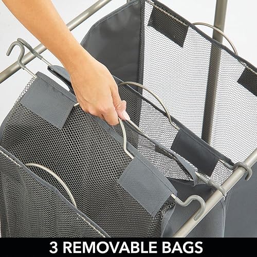Miniatura 3 de mDesign Clasificador portátil de lavandería con ruedas y barra colgante de ropa, sistema de carrito de metal resistente con 3 cestas clasificadoras
