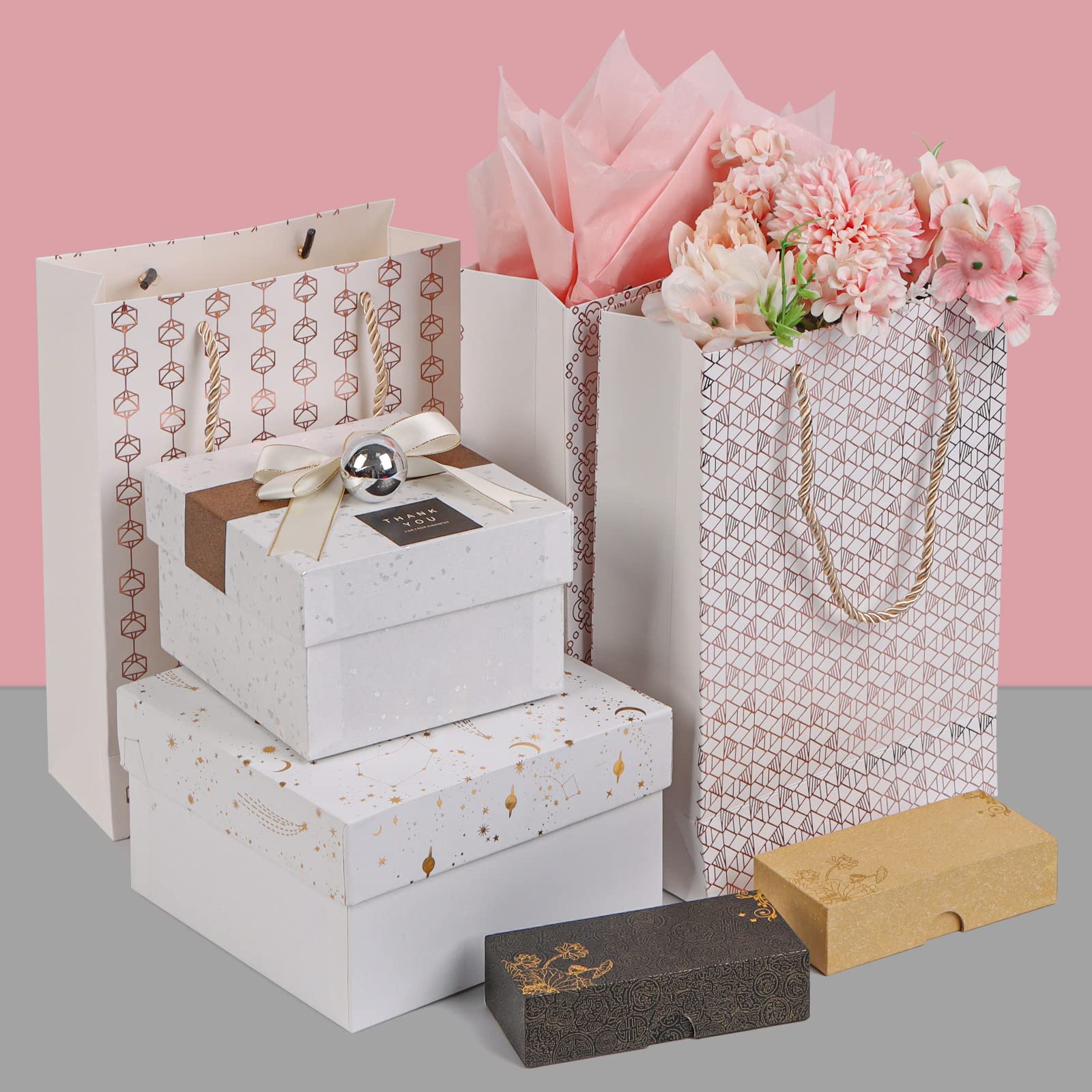 Liobelon Set Da 3 Sacchetti Regalo Dipinti A Olio – Rosa, Con Manici, Biglietti E Carta Velina – Per Matrimoni, Baby Shower E Feste - 4