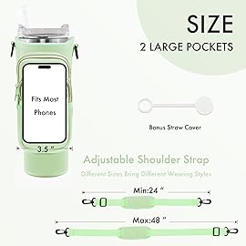 JEBEALUO Water Bottle Carrier Bag with Phone Pocket for Stanley Cup 40/30 oz, Water Bottle Holder with Adjustable Strap& Straw Cover, Stanley Cup Accessories (Mint Green)