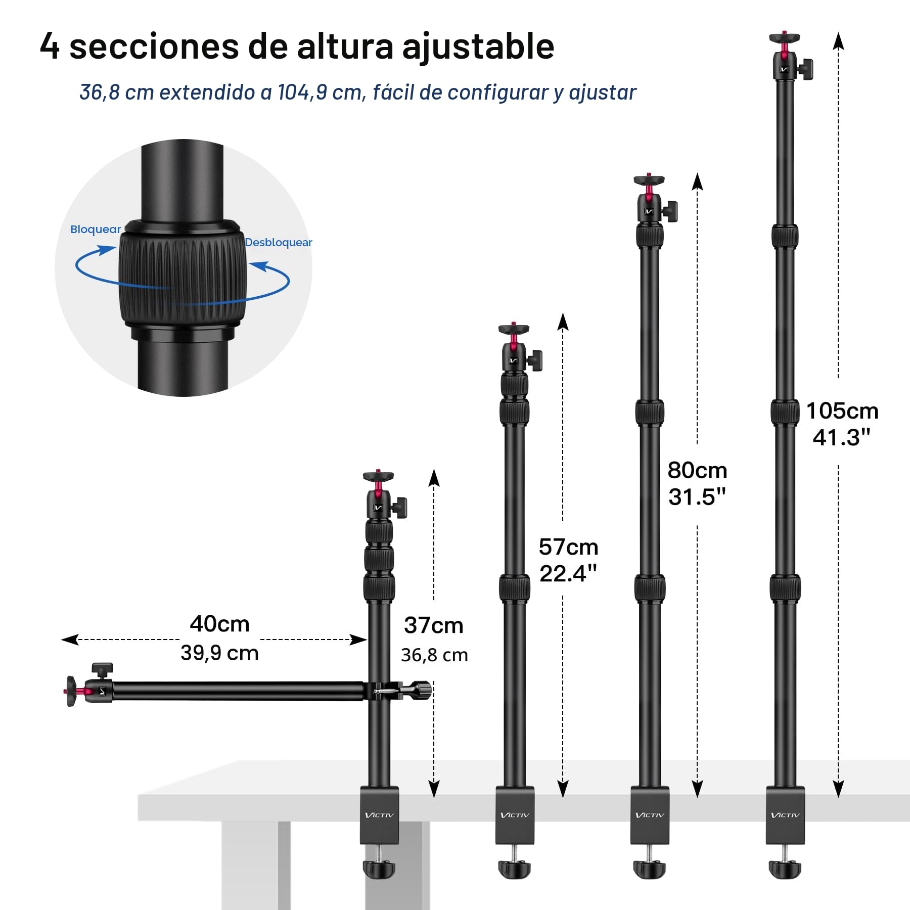 Victiv Aluminio Soporte de Cámara de Escritorio con Brazo Extensible, Tripode de Cabeza Esférica con Rosca de 1/4", Clamp C Soporte para Smartphones, Cámaras DSLR, Anillos Luminosos, Webcams